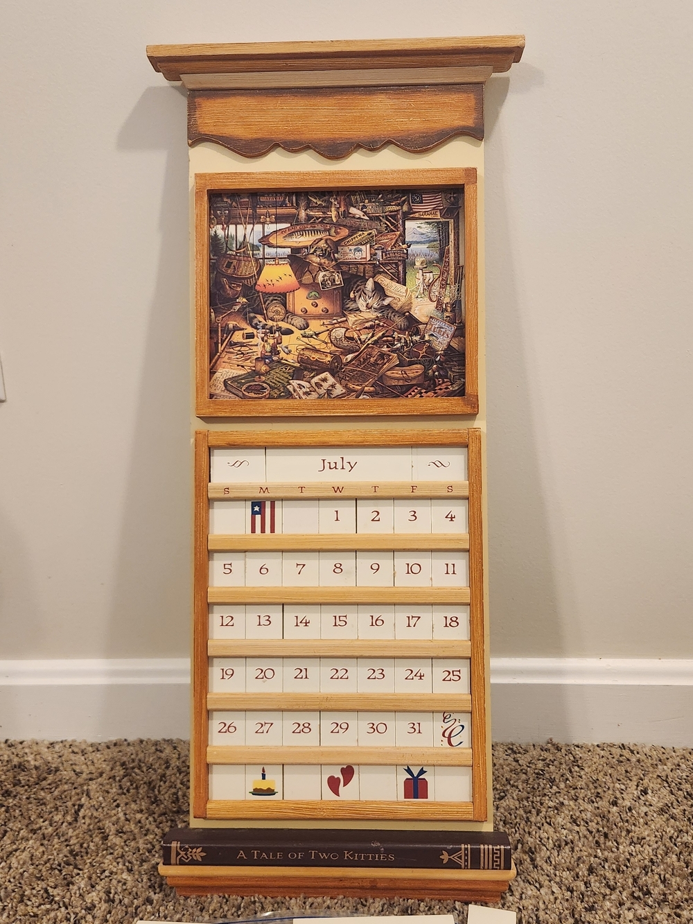 Charles Wysocki Wooden Perpetual Wall Calendar "A Tale Of Two Kitties"